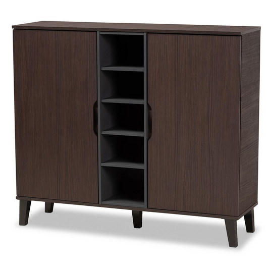 Two-Tone Dark Brown and Grey Finished Wood 2-Door Shoe Cabinet