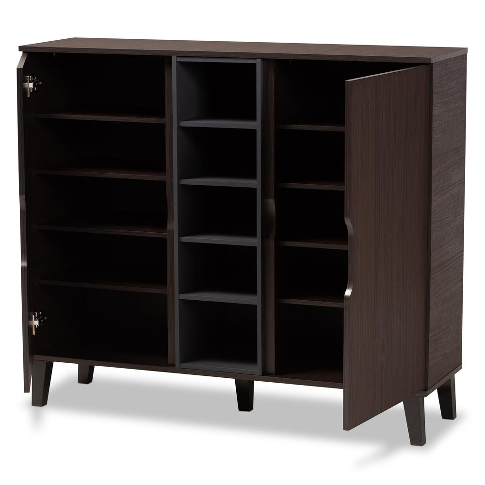 Two-Tone Dark Brown and Grey Finished Wood 2-Door Shoe Cabinet