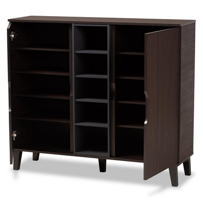 Two-Tone Dark Brown and Grey Finished Wood 2-Door Shoe Cabinet