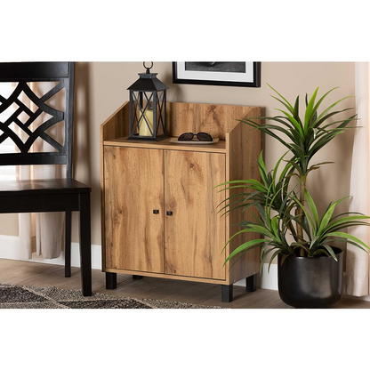 Oak Brown Finished Wood 2-Door Entryway Shoe Storage Cabinet with Top Shelf