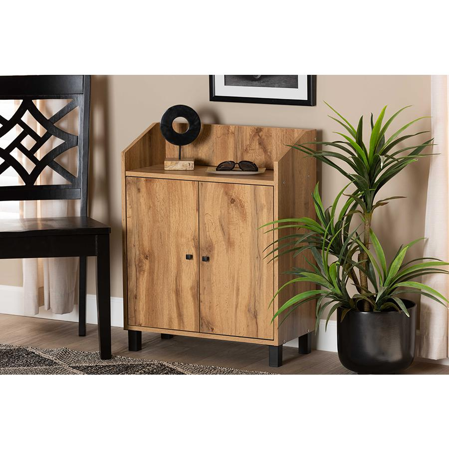 Oak Brown Finished Wood 2-Door Entryway Shoe Storage Cabinet with Top Shelf