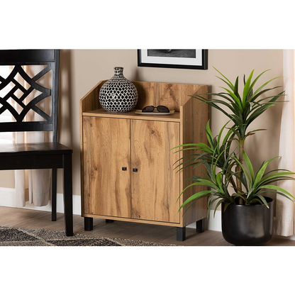 Oak Brown Finished Wood 2-Door Entryway Shoe Storage Cabinet with Top Shelf