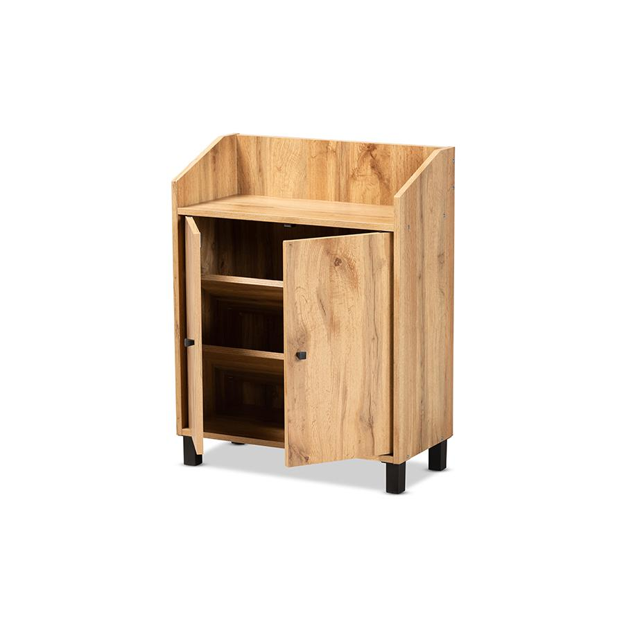 Oak Brown Finished Wood 2-Door Entryway Shoe Storage Cabinet with Top Shelf
