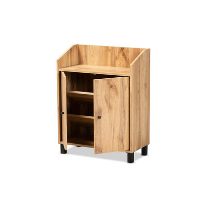 Oak Brown Finished Wood 2-Door Entryway Shoe Storage Cabinet with Top Shelf