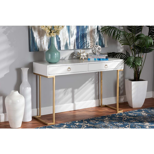 White Finished Wood and Gold Metal 2-Drawer Console Table