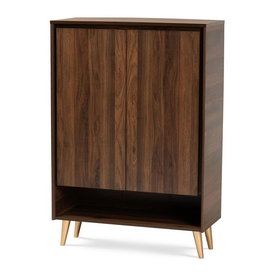 Walnut Brown and Gold Finished Wood 2-Door Entryway Shoe storage Cabinet