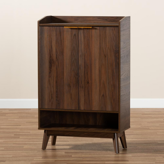 Lena Mid-Century Modern Walnut Brown Finished 5-Shelf Wood Entryway Shoe Cabinet