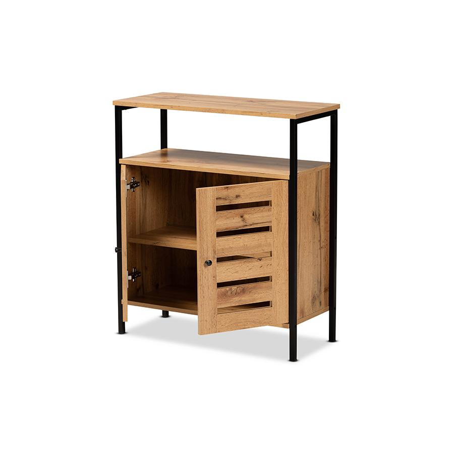Oak Brown Finished Wood and Black Metal 2-Door Shoe Cabinet