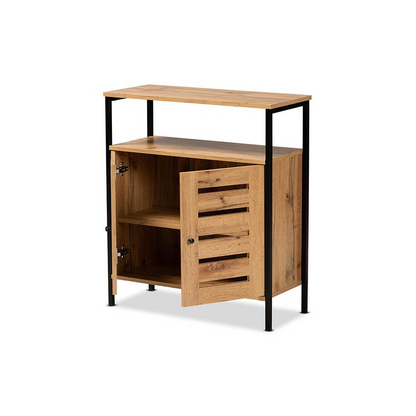 Oak Brown Finished Wood and Black Metal 2-Door Shoe Cabinet
