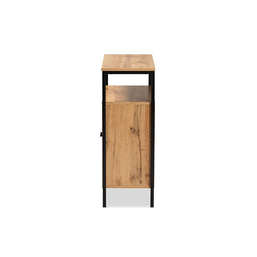 Oak Brown Finished Wood and Black Metal 2-Door Shoe Cabinet