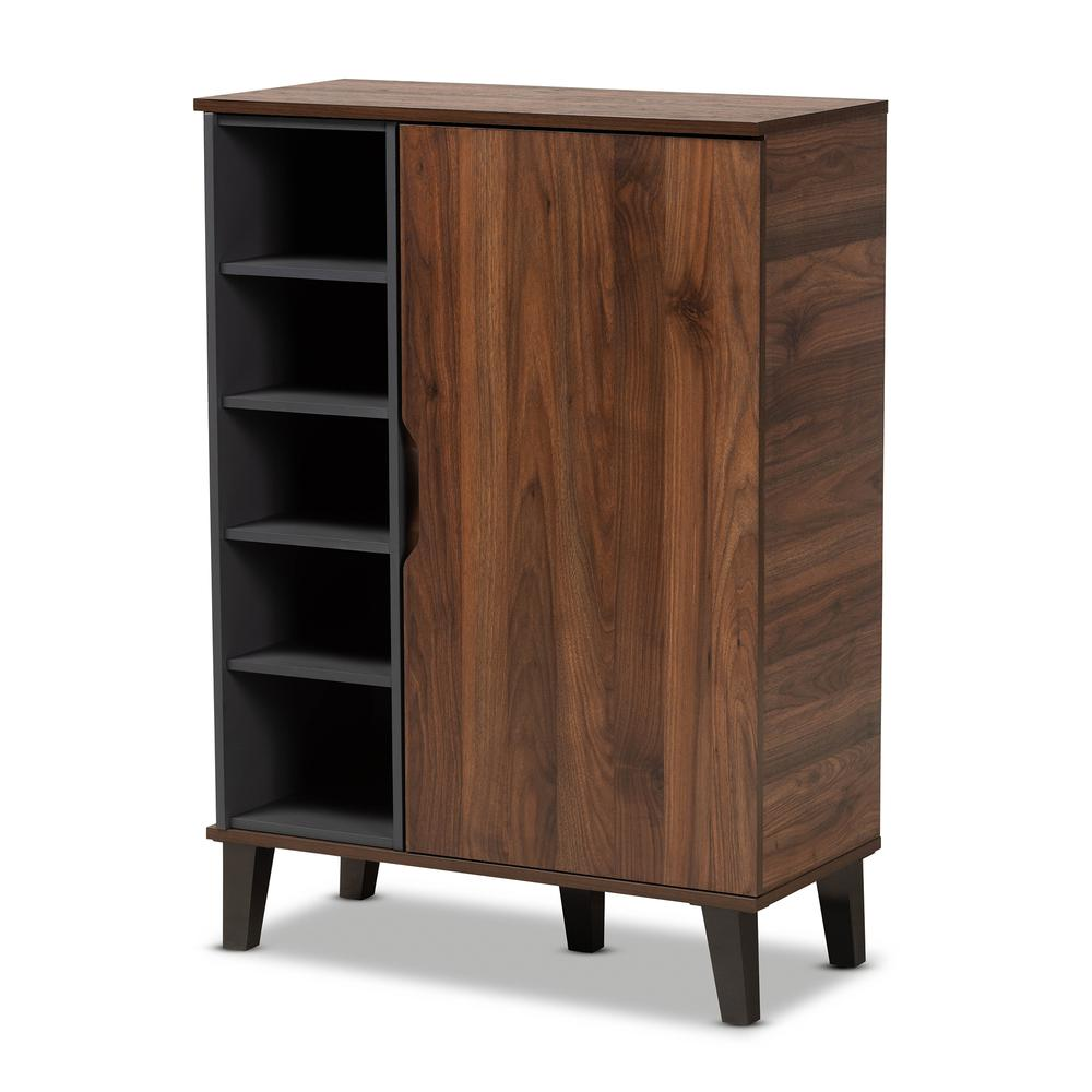 Two-Tone Walnut Brown and Grey Finished Wood 1-Door Shoe Cabinet