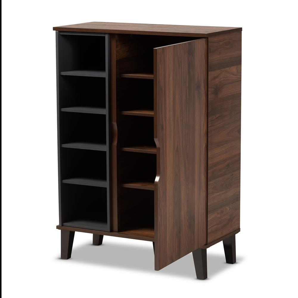 Two-Tone Walnut Brown and Grey Finished Wood 1-Door Shoe Cabinet