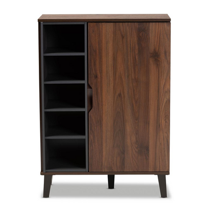 Two-Tone Walnut Brown and Grey Finished Wood 1-Door Shoe Cabinet