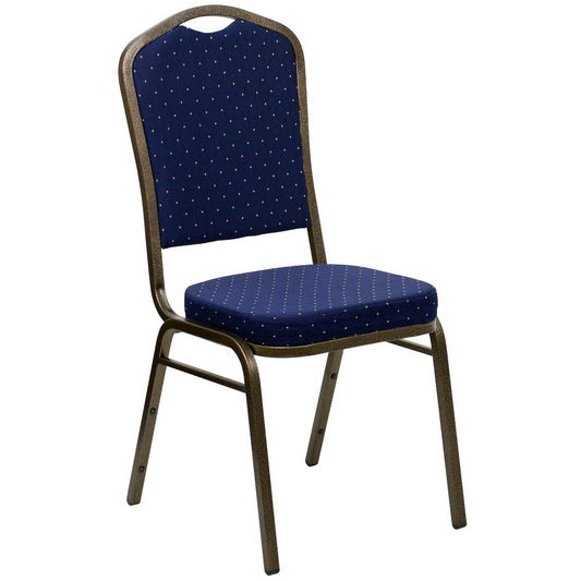 Crown Back Stacking Banquet Chair in Navy Blue Dot Fabric - Gold Vein Frame