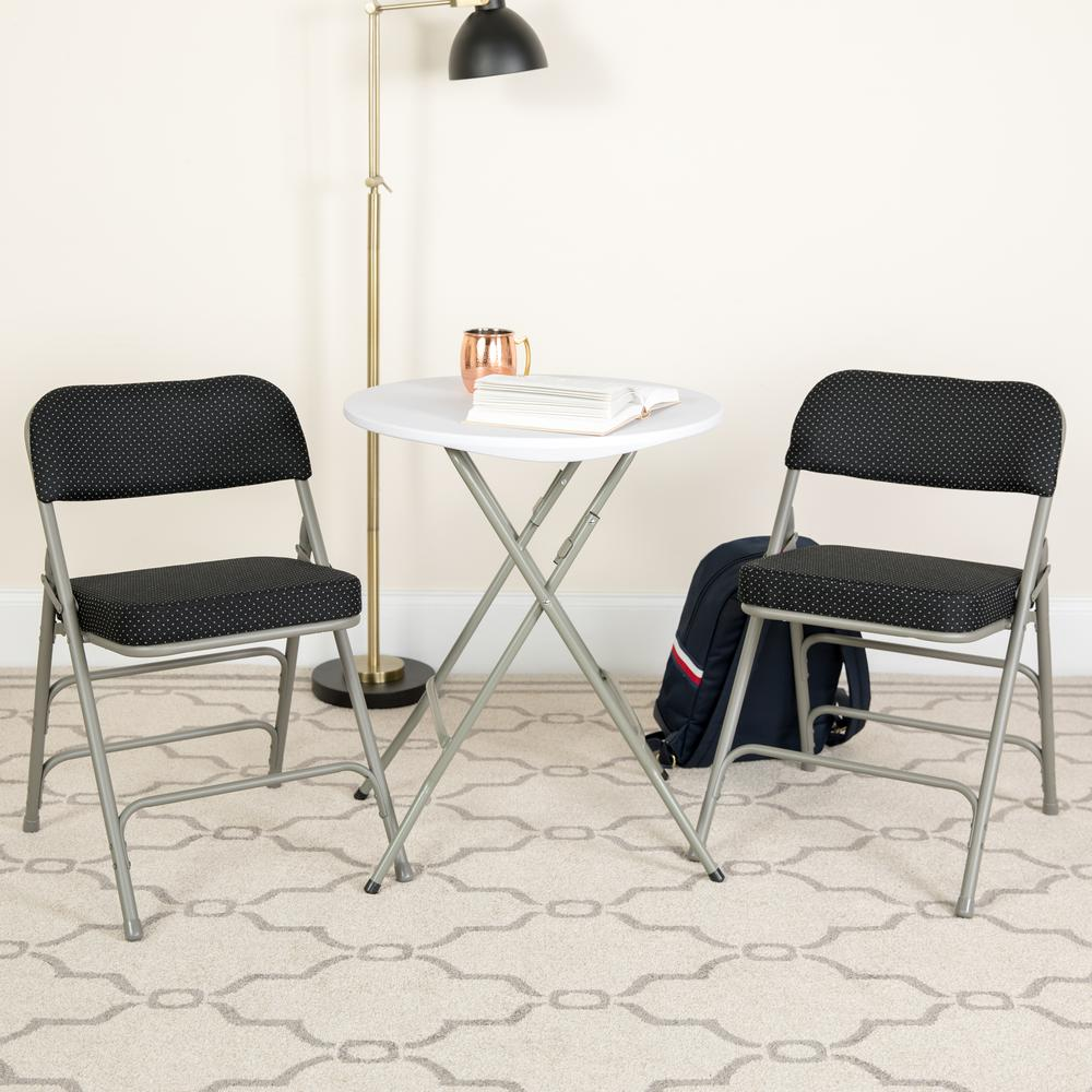 2 Pack Triple Braced & Double Hinged Black Pin-Dot Fabric Metal Folding Chair