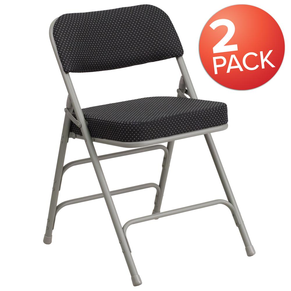 2 Pack Triple Braced & Double Hinged Black Pin-Dot Fabric Metal Folding Chair
