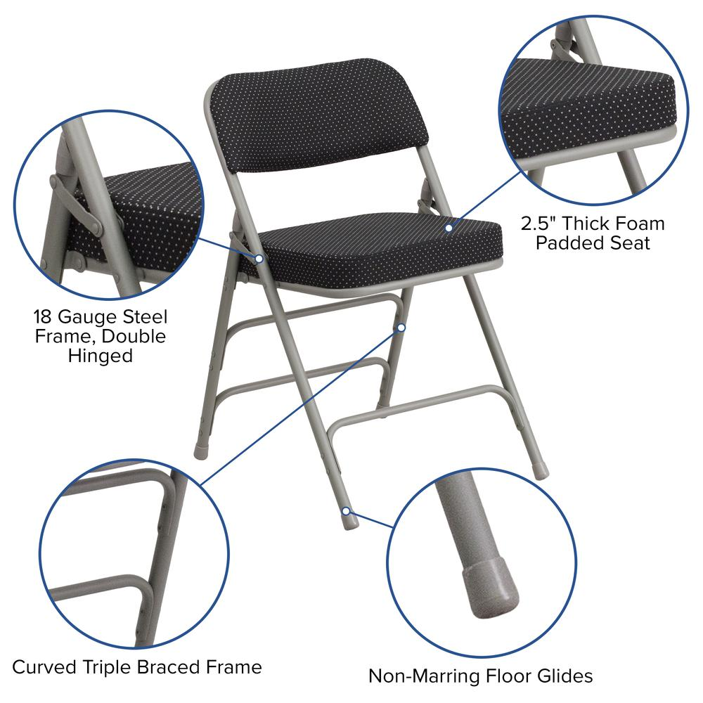 2 Pack Triple Braced & Double Hinged Black Pin-Dot Fabric Metal Folding Chair