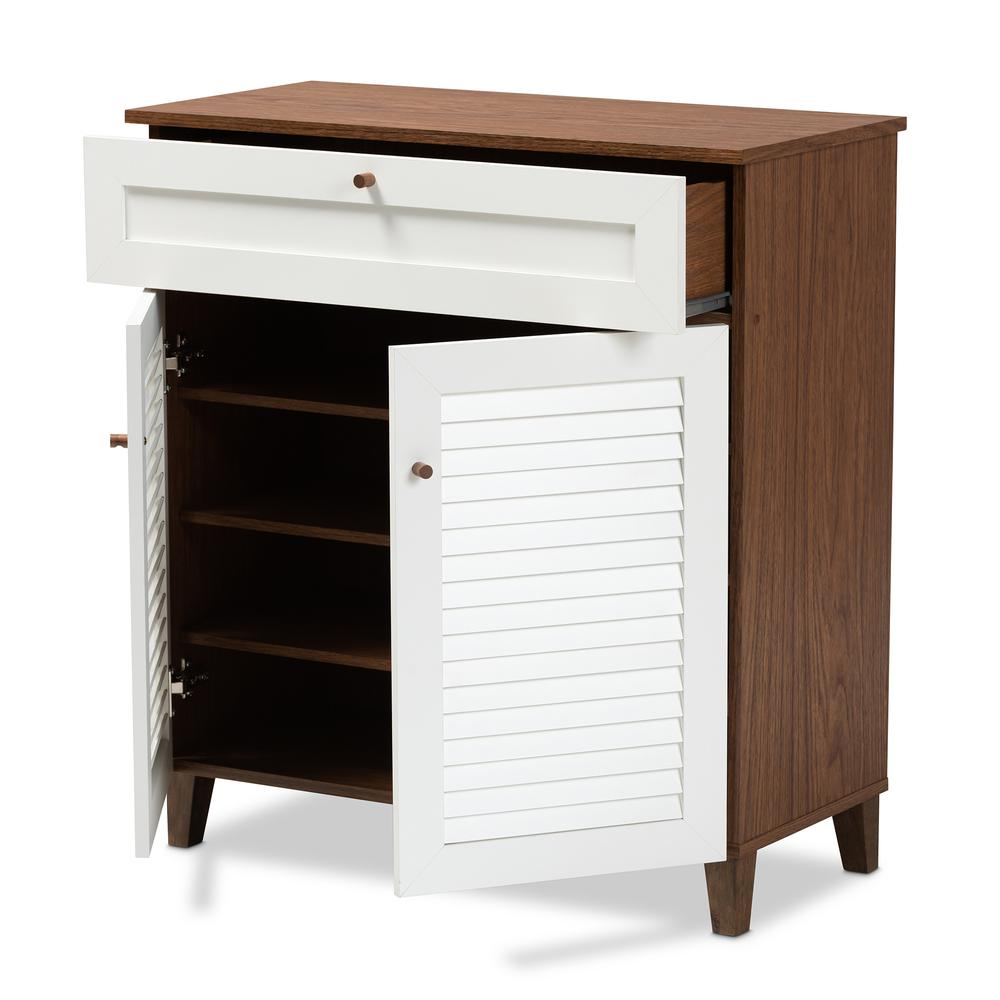 White and Walnut Finished 4-Shelf Wood Shoe Storage Cabinet with Drawer