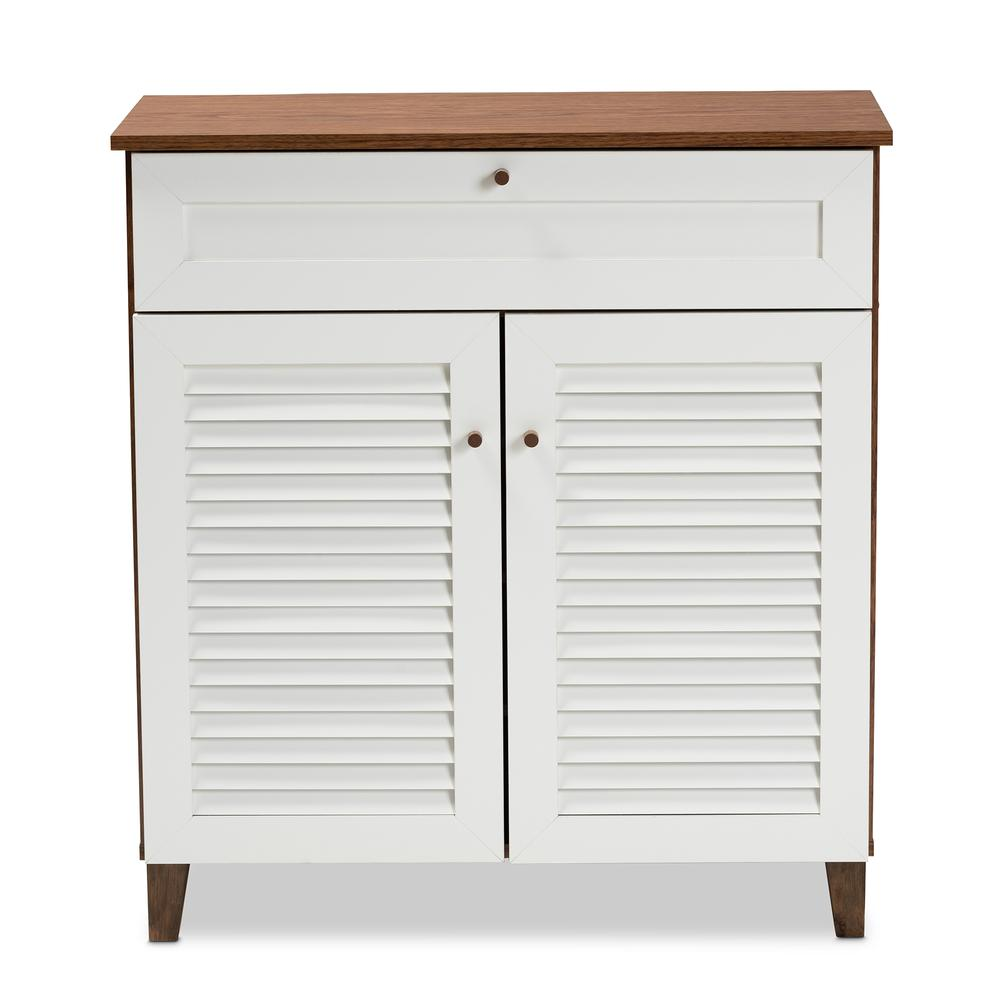 White and Walnut Finished 4-Shelf Wood Shoe Storage Cabinet with Drawer