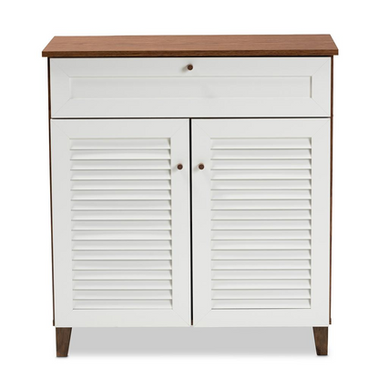 White and Walnut Finished 4-Shelf Wood Shoe Storage Cabinet with Drawer