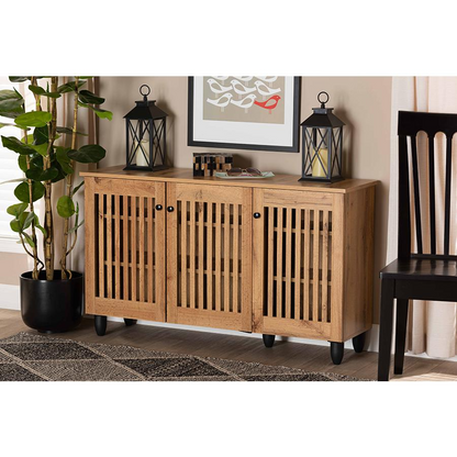 Fernanda Modern and Contemporary Oak Brown Finished Wood 3-Door Shoe Cabinet
