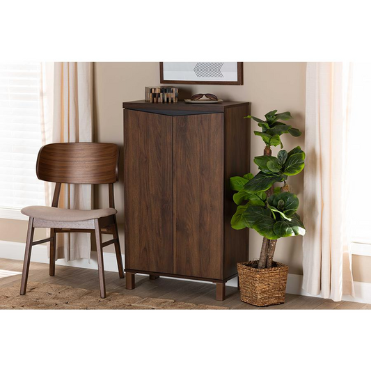 Two-Tone Walnut Brown and Dark Grey Finished Wood 2-Door Shoe Storage Cabinet