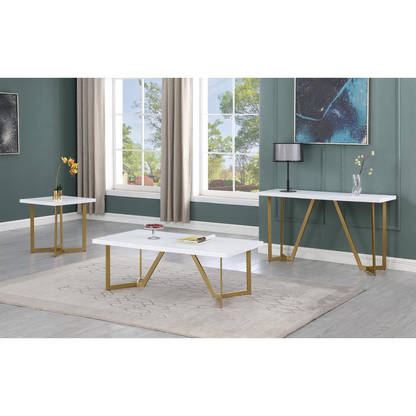 3pc White wood top coffee table set w/gold color iron base (1Coffee+1End+1console table)
