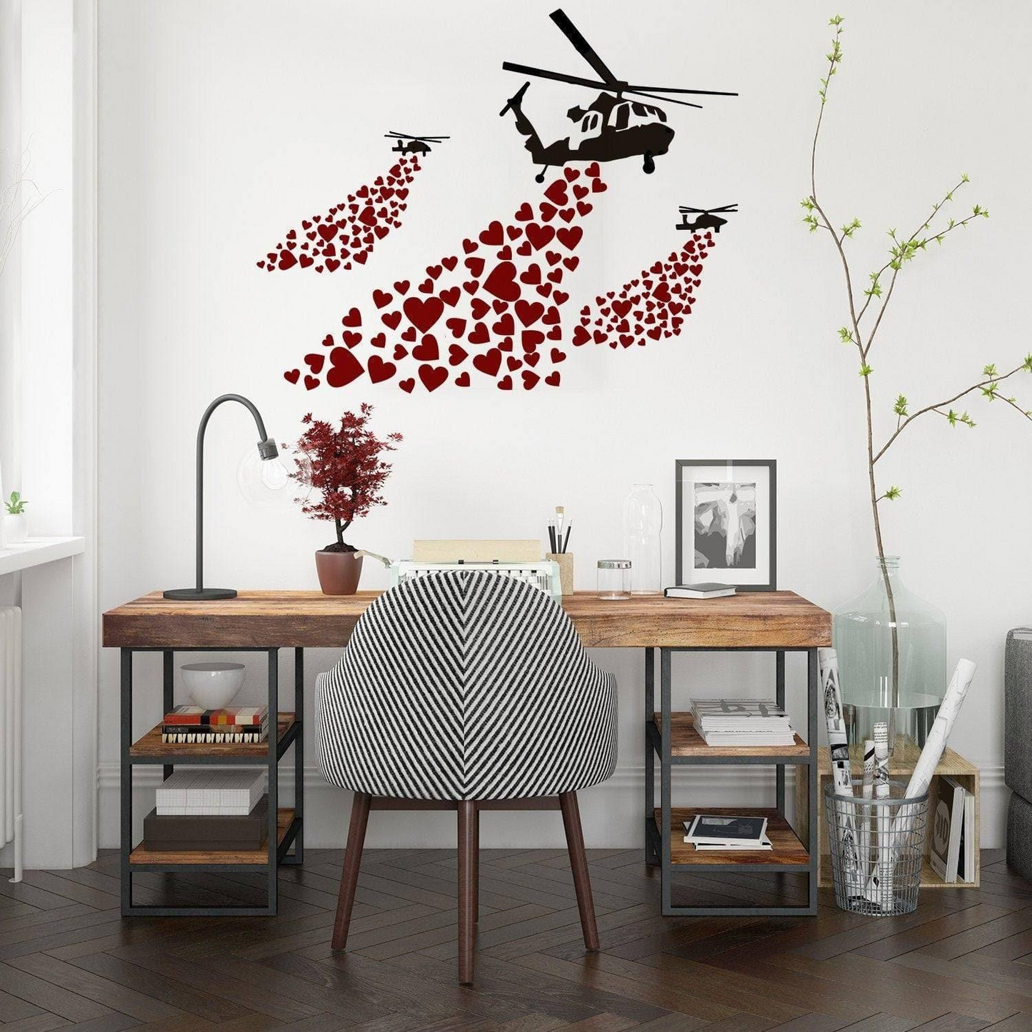 Urban Love Helicopter Wall Decal: Captivating Street Art Graffiti Sticker