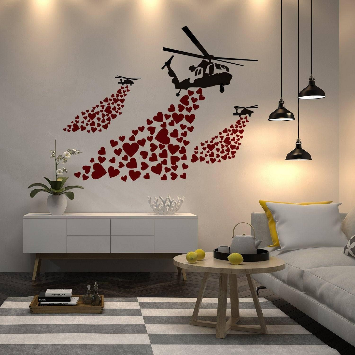 Urban Love Helicopter Wall Decal: Captivating Street Art Graffiti Sticker