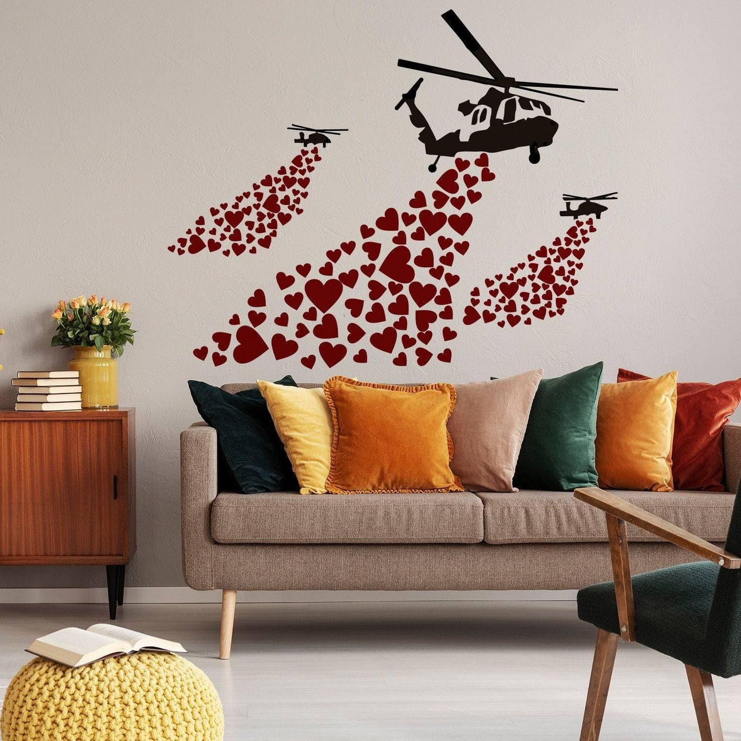 Urban Love Helicopter Wall Decal: Captivating Street Art Graffiti Sticker