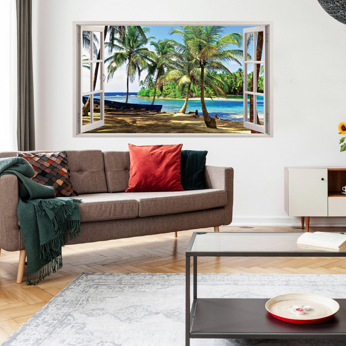 Tropical Paradise Window Sticker, Vinyl Decorative Window Cling Decal, Peel & Stick Film