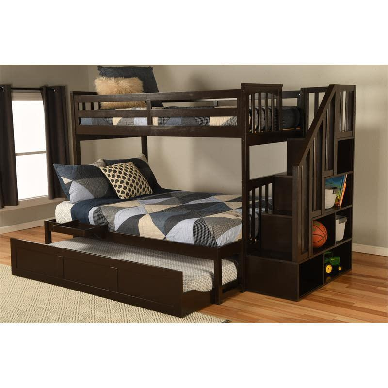 Kelcie Twin-Full Bunk Bed Dark Chocolate-Trundle Bed+Tray
