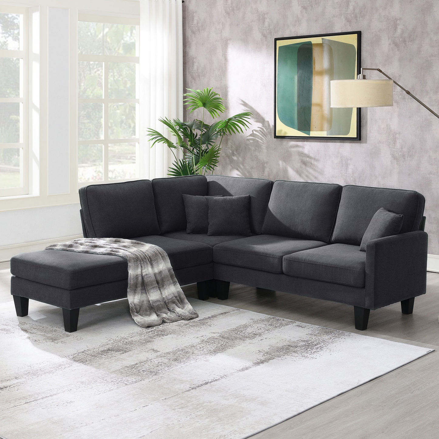 90*88" Terrycloth Modern Sectional Sofa,5-Seat Practical Couch Set with Chaise Lounge,L-Shape minimalist Indoor Furniture with 3 Pillows for Living Room,Apartment,Office, 3 Colors