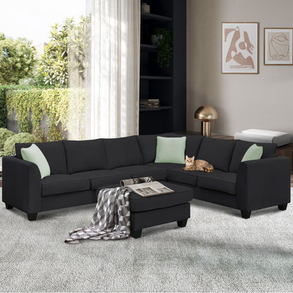 112*87" Sectional Sofa Couches Living Room Sets, 7 Seats Modular Sectional Sofa with Ottoman, L Shape Fabric Sofa Corner Couch Set with 3 Pillows, Black