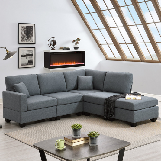 89.8*60.2" Modern Sectional Sofa,5-Seat Modular Couch Set with Convertible Ottoman,L-Shape Linen Fabric Corner Couch Set with 2 Pillows for Living Room,Apartment,Office, 3 Colors
