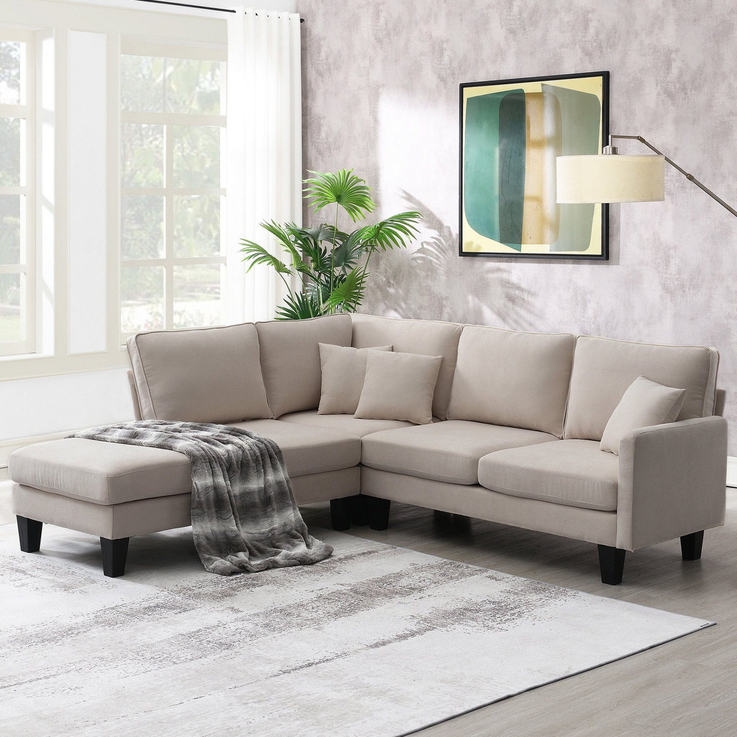 90*88" Terrycloth Modern Sectional Sofa,5-Seat Practical Couch Set with Chaise Lounge,L-Shape minimalist Indoor Furniture with 3 Pillows for Living Room,Apartment,Office, 3 Colors