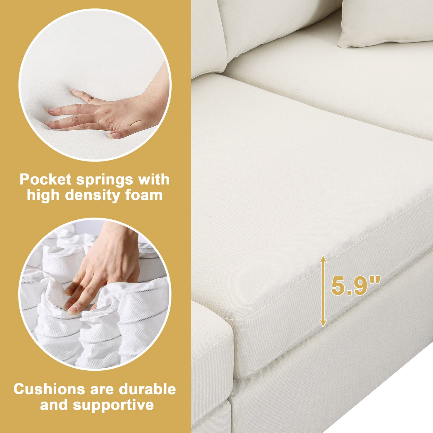 89.8*60.2" Modern Sectional Sofa,5-Seat Modular Couch Set with Convertible Ottoman,L-Shape Linen Fabric Corner Couch Set with 2 Pillows for Living Room,Apartment,Office, 3 Colors