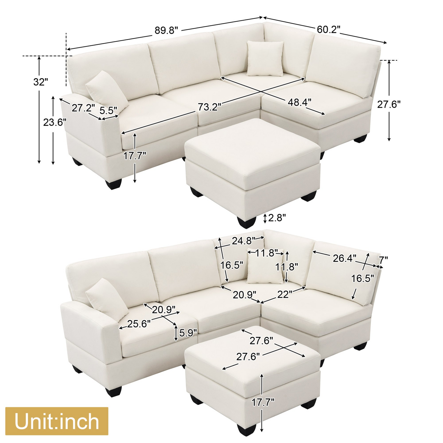 89.8*60.2" Modern Sectional Sofa,5-Seat Modular Couch Set with Convertible Ottoman,L-Shape Linen Fabric Corner Couch Set with 2 Pillows for Living Room,Apartment,Office, 3 Colors