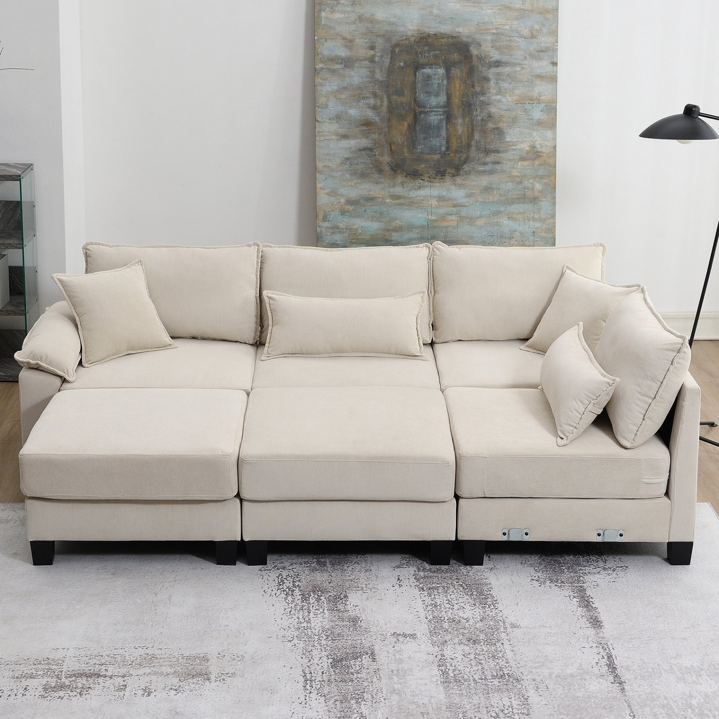 133*65" Corduroy Modular Sectional Sofa,U Shaped Couch with Armrest Bags,6 Seat Freely Combinable Sofa Bed,Comfortable and Spacious Indoor Furniture for Living Room, 2 Colors