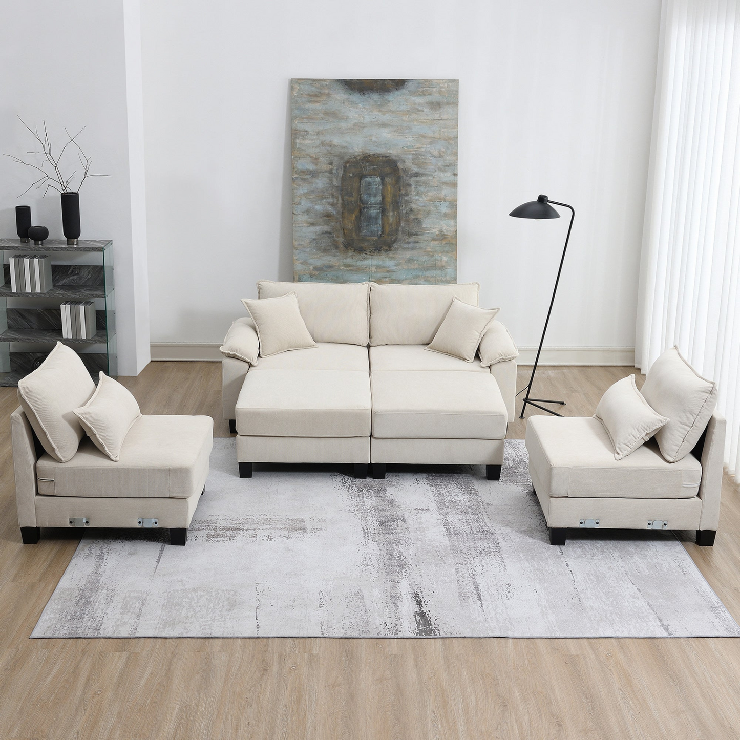 133*65" Corduroy Modular Sectional Sofa,U Shaped Couch with Armrest Bags,6 Seat Freely Combinable Sofa Bed,Comfortable and Spacious Indoor Furniture for Living Room, 2 Colors