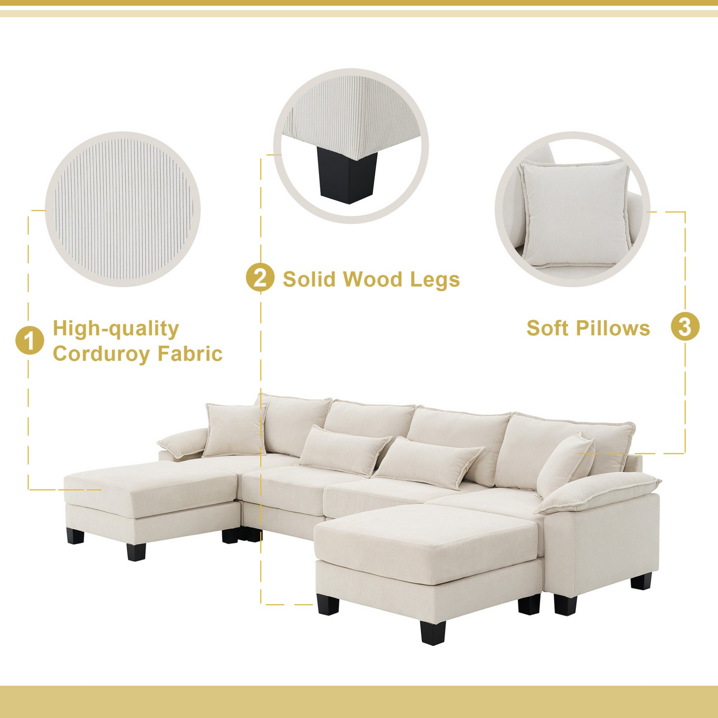 133*65" Corduroy Modular Sectional Sofa,U Shaped Couch with Armrest Bags,6 Seat Freely Combinable Sofa Bed,Comfortable and Spacious Indoor Furniture for Living Room, 2 Colors