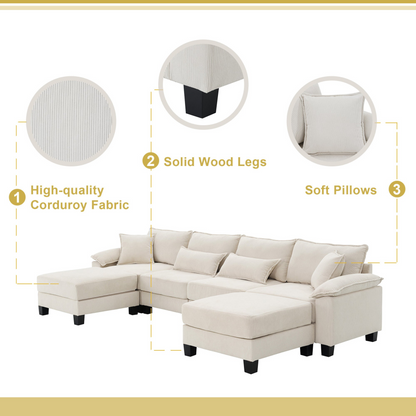 133*65" Corduroy Modular Sectional Sofa,U Shaped Couch with Armrest Bags,6 Seat Freely Combinable Sofa Bed,Comfortable and Spacious Indoor Furniture for Living Room, 2 Colors