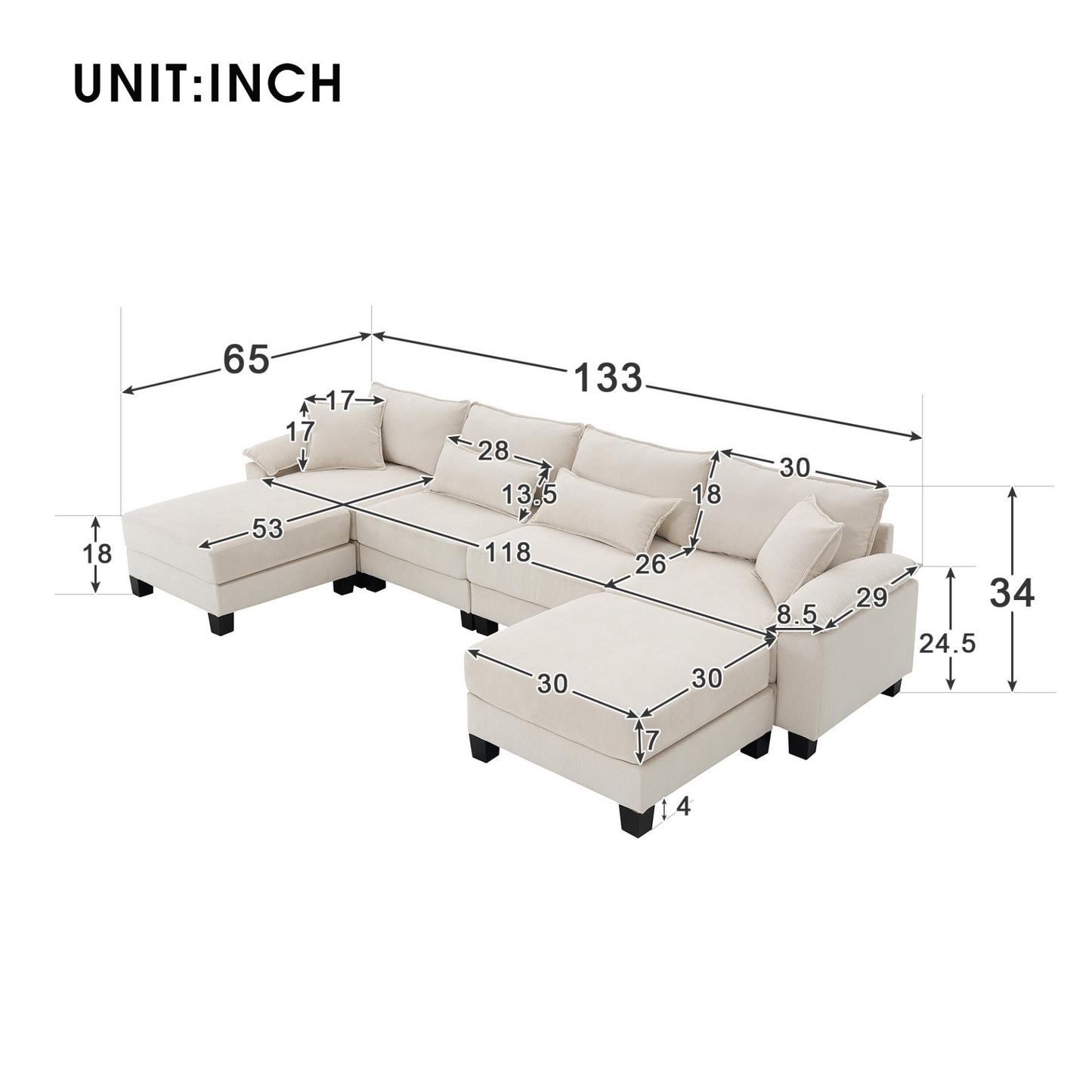 133*65" Corduroy Modular Sectional Sofa,U Shaped Couch with Armrest Bags,6 Seat Freely Combinable Sofa Bed,Comfortable and Spacious Indoor Furniture for Living Room, 2 Colors