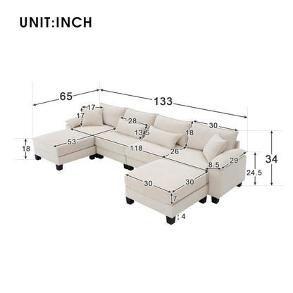 133*65" Corduroy Modular Sectional Sofa,U Shaped Couch with Armrest Bags,6 Seat Freely Combinable Sofa Bed,Comfortable and Spacious Indoor Furniture for Living Room, 2 Colors