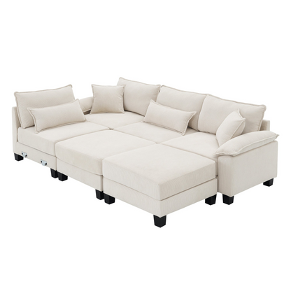 133*65" Corduroy Modular Sectional Sofa,U Shaped Couch with Armrest Bags,6 Seat Freely Combinable Sofa Bed,Comfortable and Spacious Indoor Furniture for Living Room, 2 Colors