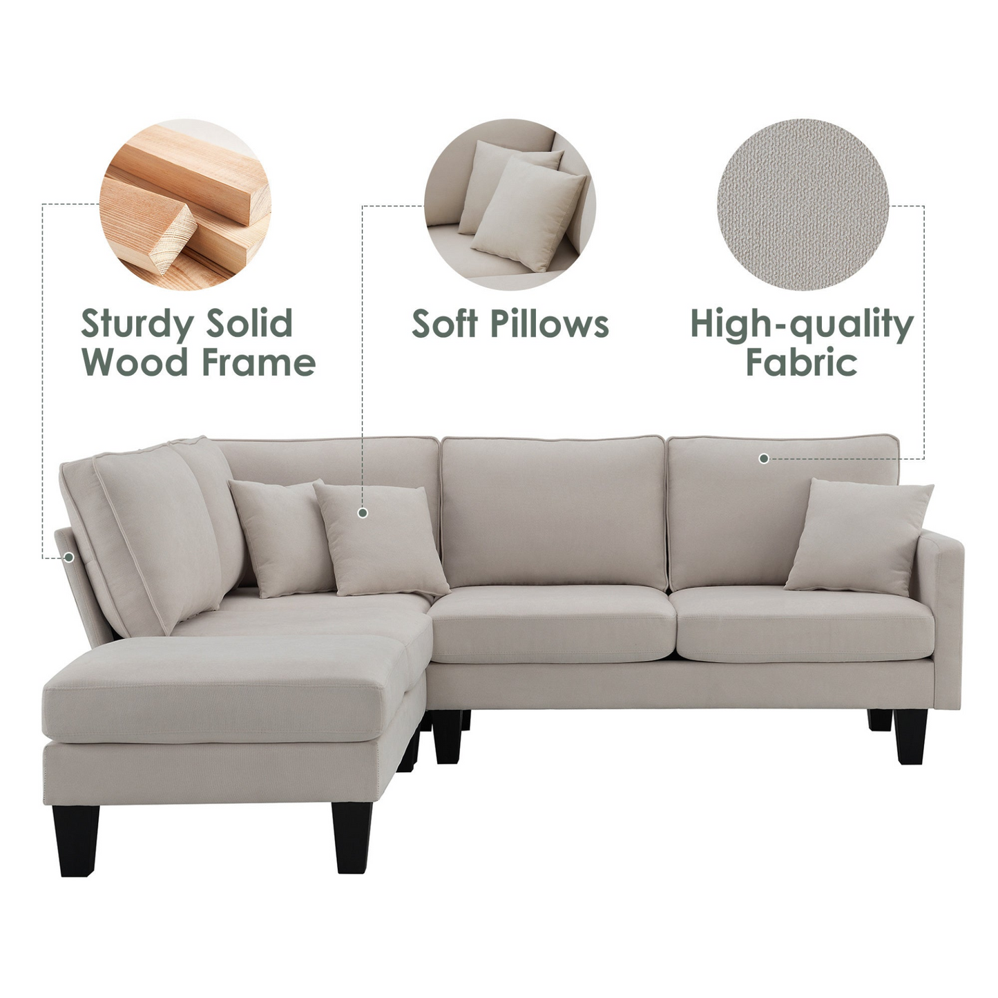 90*88" Terrycloth Modern Sectional Sofa,5-Seat Practical Couch Set with Chaise Lounge,L-Shape minimalist Indoor Furniture with 3 Pillows for Living Room,Apartment,Office, 3 Colors