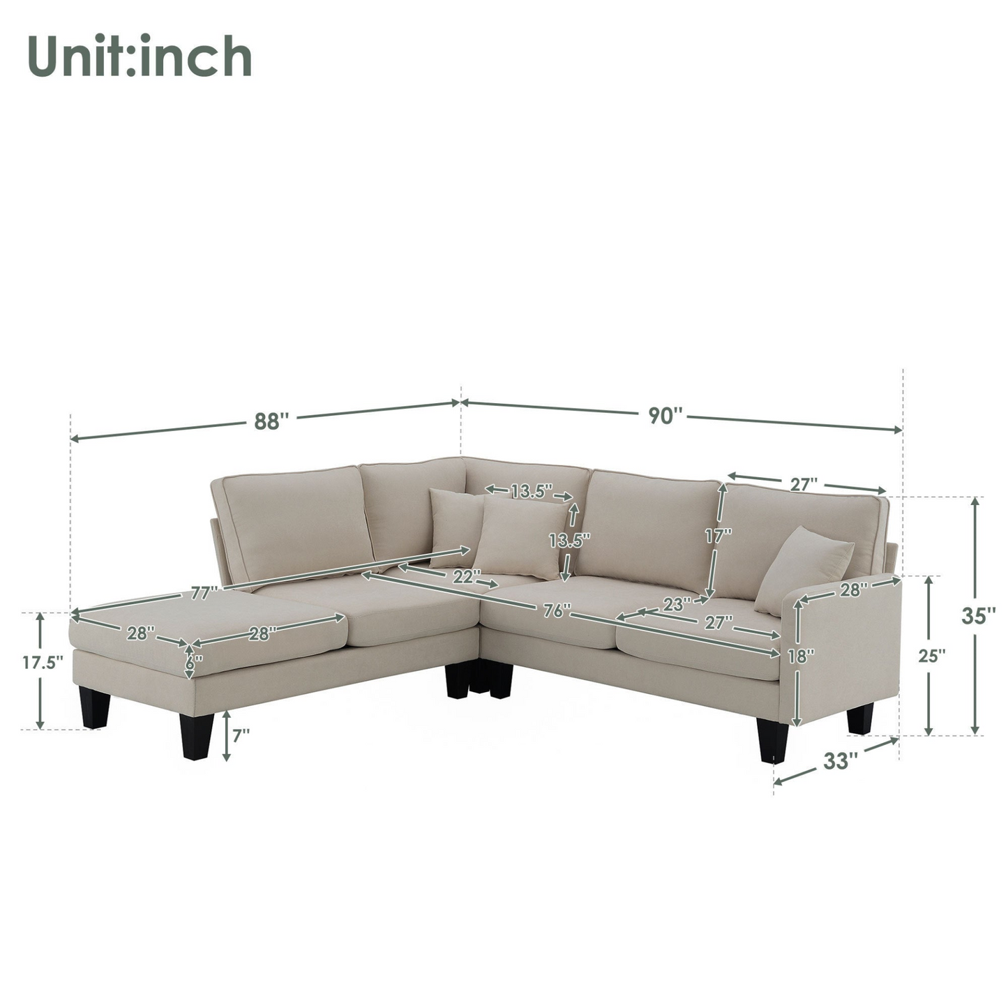 90*88" Terrycloth Modern Sectional Sofa,5-Seat Practical Couch Set with Chaise Lounge,L-Shape minimalist Indoor Furniture with 3 Pillows for Living Room,Apartment,Office, 3 Colors