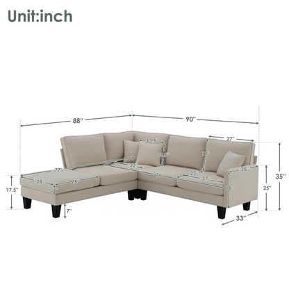 90*88" Terrycloth Modern Sectional Sofa,5-Seat Practical Couch Set with Chaise Lounge,L-Shape minimalist Indoor Furniture with 3 Pillows for Living Room,Apartment,Office, 3 Colors