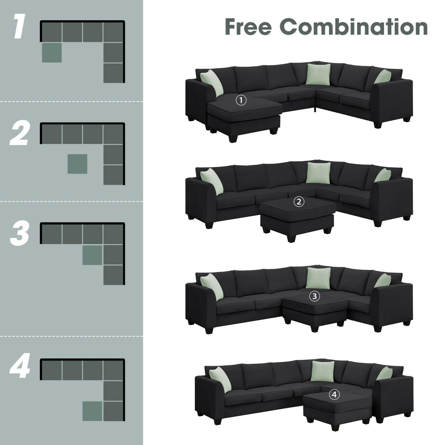 112*87" Sectional Sofa Couches Living Room Sets, 7 Seats Modular Sectional Sofa with Ottoman, L Shape Fabric Sofa Corner Couch Set with 3 Pillows, Black