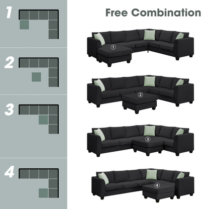 112*87" Sectional Sofa Couches Living Room Sets, 7 Seats Modular Sectional Sofa with Ottoman, L Shape Fabric Sofa Corner Couch Set with 3 Pillows, Black